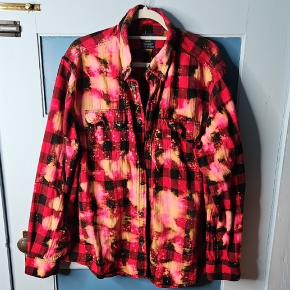 Faded Glory Tops - Faded Glory Red and Black Plaid Reverse Bleached Flannel Shirt